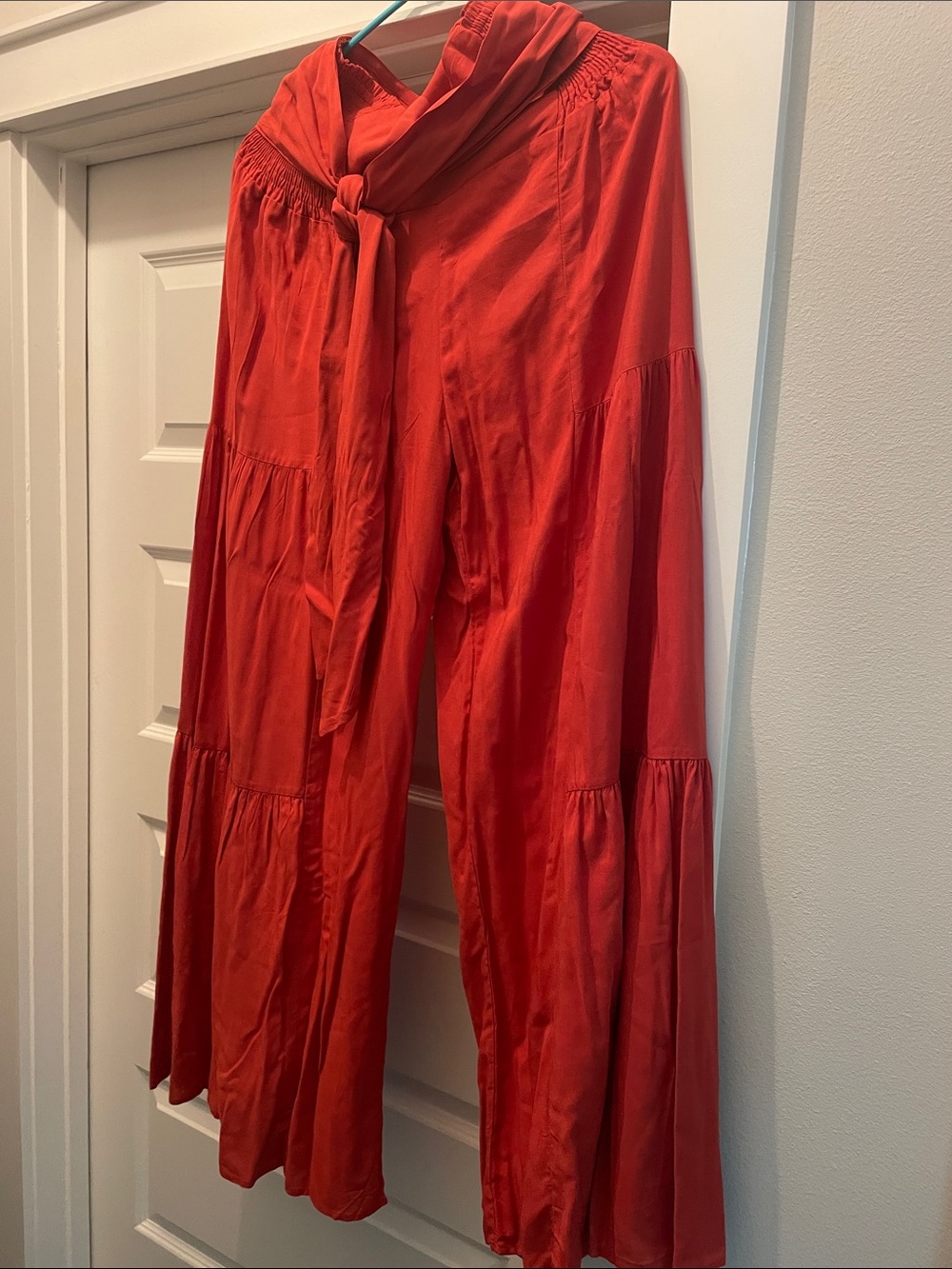 Tie-Waist Flared Palazzo Pants in Red
